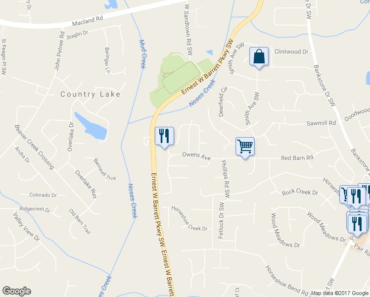 map of restaurants, bars, coffee shops, grocery stores, and more near 2596 Candler Way in Marietta