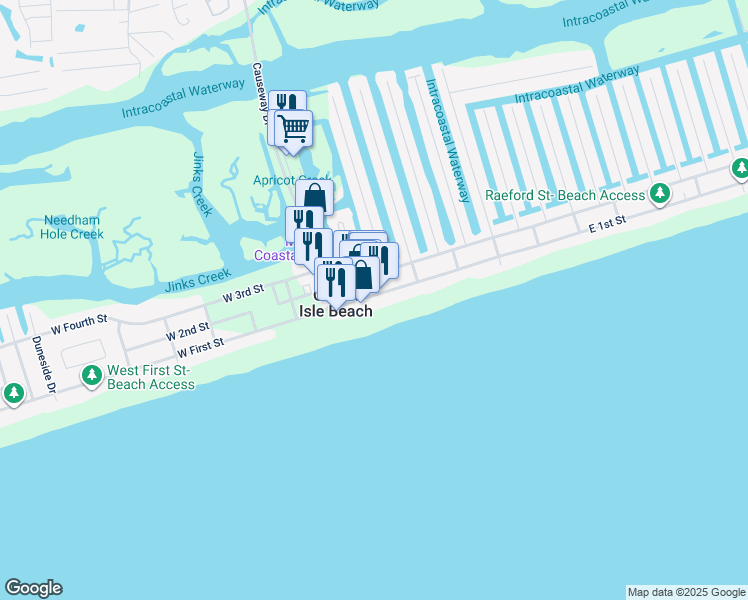 map of restaurants, bars, coffee shops, grocery stores, and more near 16 East 1st Street in Ocean Isle Beach