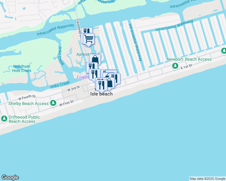 map of restaurants, bars, coffee shops, grocery stores, and more near 16 East 1st Street in Ocean Isle Beach