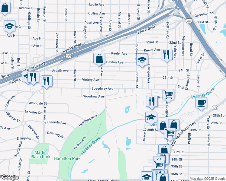 map of restaurants, bars, coffee shops, grocery stores, and more near 1659 Speedway Avenue in Wichita Falls