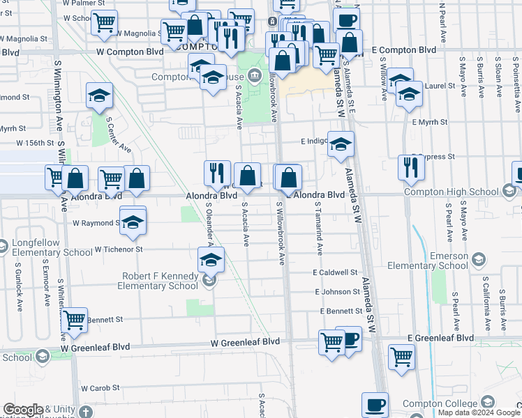 map of restaurants, bars, coffee shops, grocery stores, and more near 201 West Raymond Street in Compton