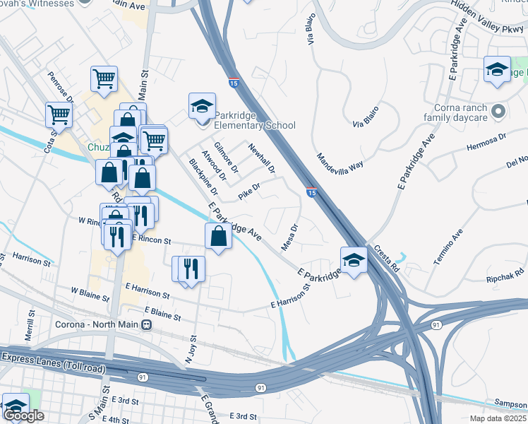 map of restaurants, bars, coffee shops, grocery stores, and more near 536 San Miguel Drive in Corona