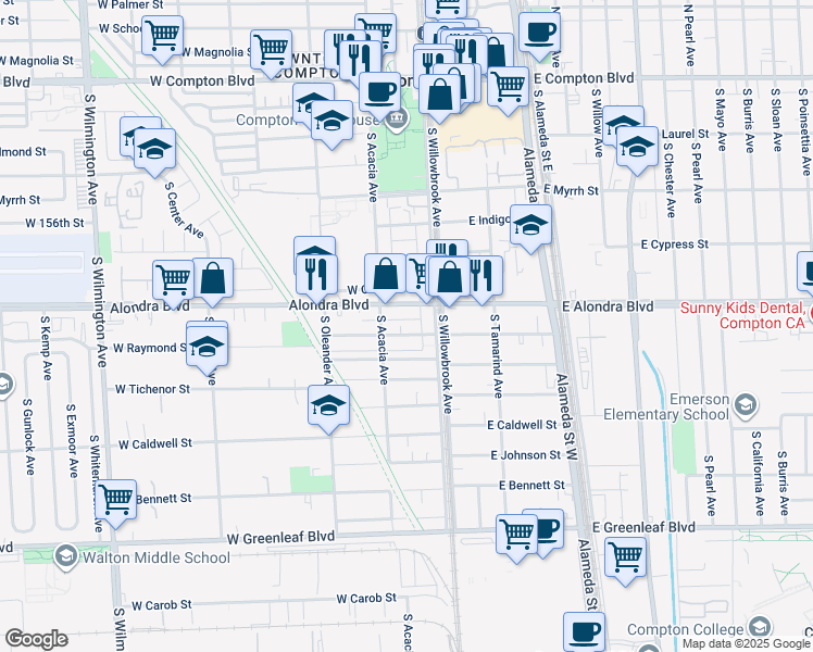 map of restaurants, bars, coffee shops, grocery stores, and more near 201 West Raymond Street in Compton