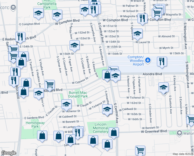map of restaurants, bars, coffee shops, grocery stores, and more near 2213 West Alondra Boulevard in Compton