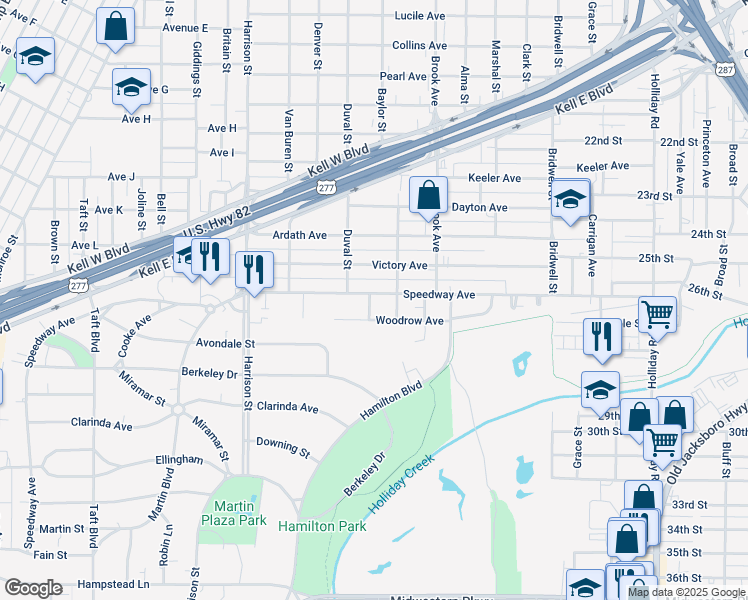 map of restaurants, bars, coffee shops, grocery stores, and more near 1809 Speedway Avenue in Wichita Falls