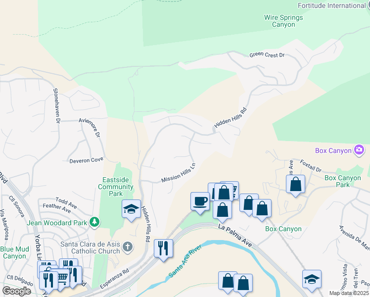 map of restaurants, bars, coffee shops, grocery stores, and more near 22483 Mission Hills Lane in Yorba Linda