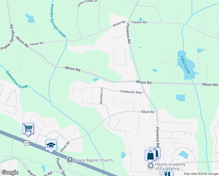 map of restaurants, bars, coffee shops, grocery stores, and more near 1320 Paddocks Way in Powder Springs