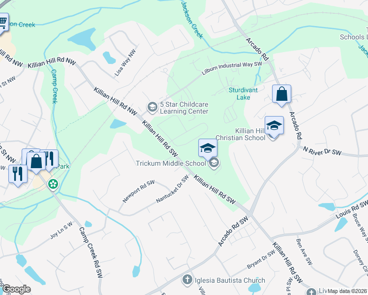 map of restaurants, bars, coffee shops, grocery stores, and more near 70 Killian Hill Road Southwest in Lilburn
