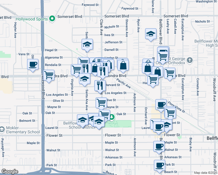 map of restaurants, bars, coffee shops, grocery stores, and more near 9444 Harvard Street in Bellflower