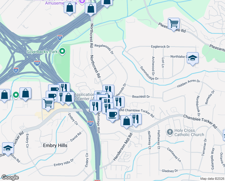 map of restaurants, bars, coffee shops, grocery stores, and more near 3341 Thornewood Drive in Doraville