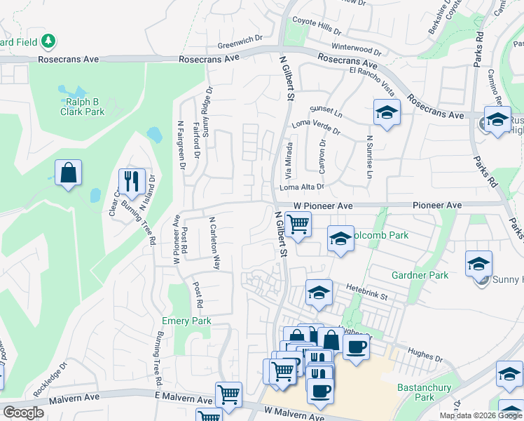map of restaurants, bars, coffee shops, grocery stores, and more near 2439 Daphne Place in Fullerton