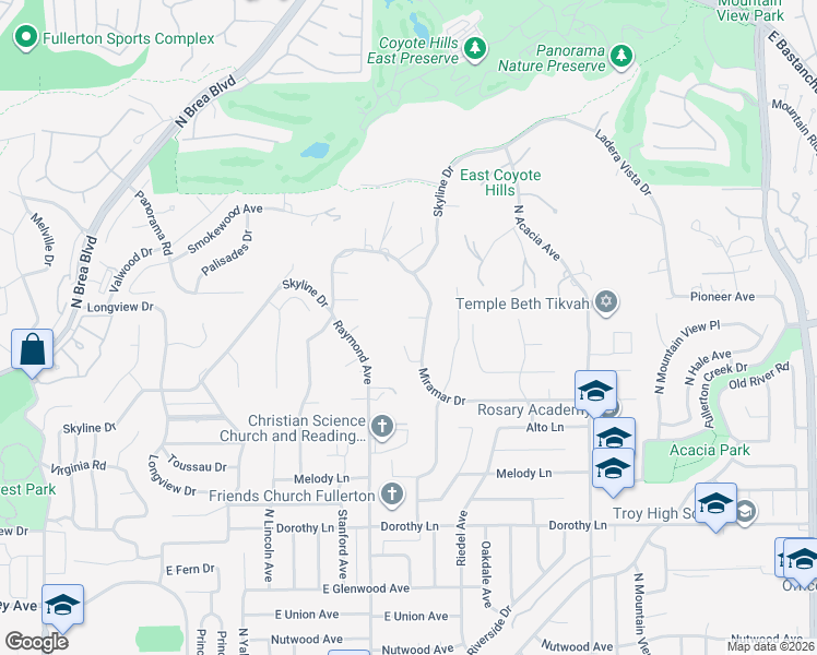 map of restaurants, bars, coffee shops, grocery stores, and more near 1210 Anita Place in Fullerton