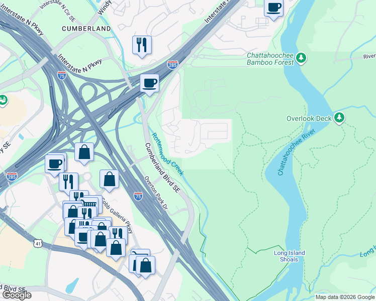 map of restaurants, bars, coffee shops, grocery stores, and more near 3600 Chattahoochee Summit Drive Southeast in Atlanta