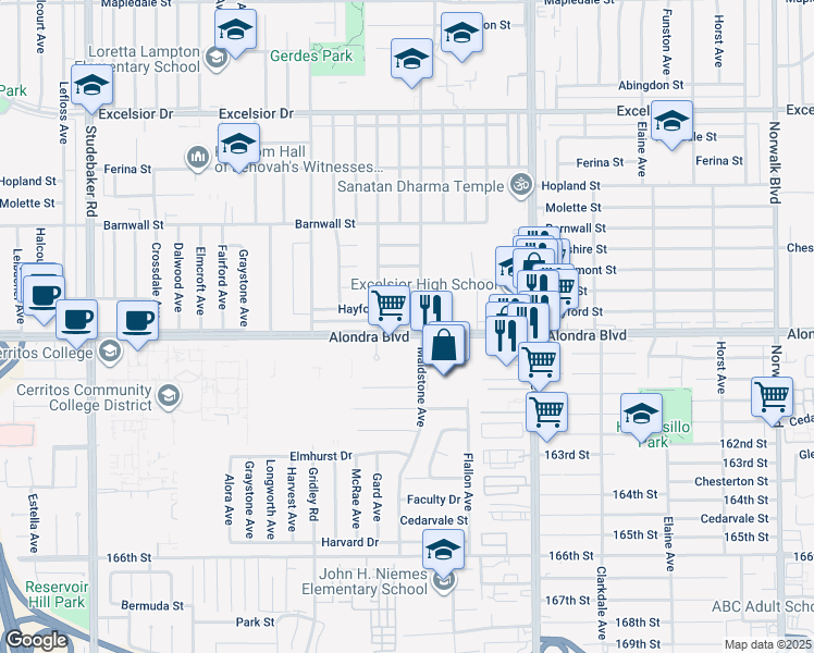map of restaurants, bars, coffee shops, grocery stores, and more near 11531 Alondra Boulevard in Norwalk