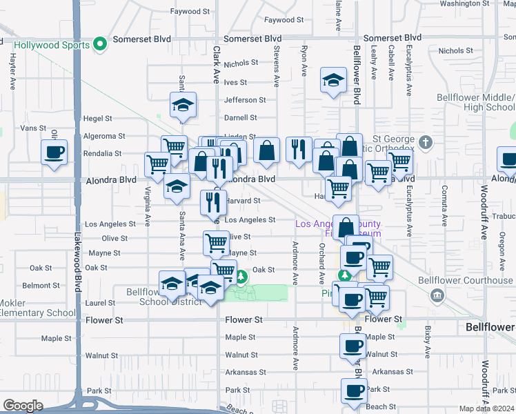 map of restaurants, bars, coffee shops, grocery stores, and more near 9504 Harvard Street in Bellflower