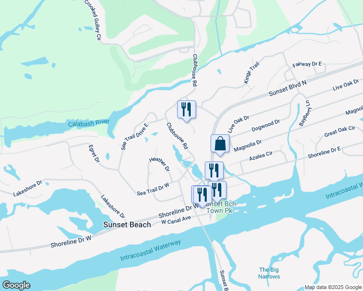map of restaurants, bars, coffee shops, grocery stores, and more near 235 Clubhouse Road in Sunset Beach