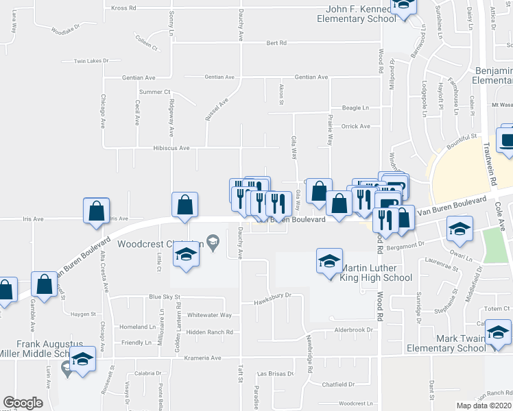 map of restaurants, bars, coffee shops, grocery stores, and more near 18580 Van Buren Boulevard in Riverside