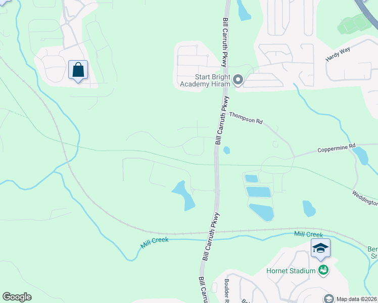 map of restaurants, bars, coffee shops, grocery stores, and more near 174 Berkford Circle in Hiram