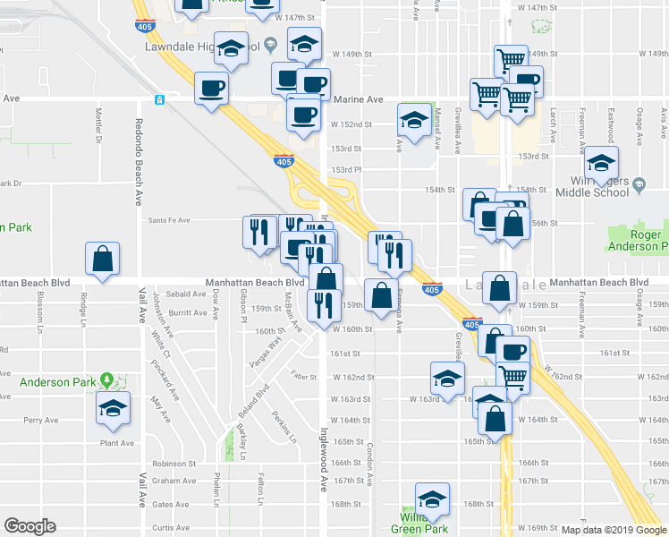 map of restaurants, bars, coffee shops, grocery stores, and more near 15708 Inglewood Avenue in Lawndale