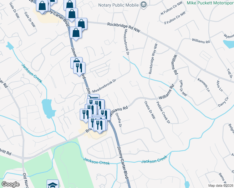 map of restaurants, bars, coffee shops, grocery stores, and more near 871 Legacy Woods Drive in Norcross