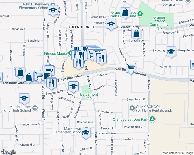 map of restaurants, bars, coffee shops, grocery stores, and more near 19469 Tangelo Drive in Riverside