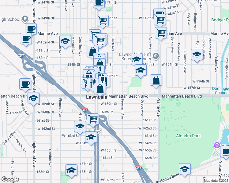 map of restaurants, bars, coffee shops, grocery stores, and more near 15722 Larch Avenue in Lawndale