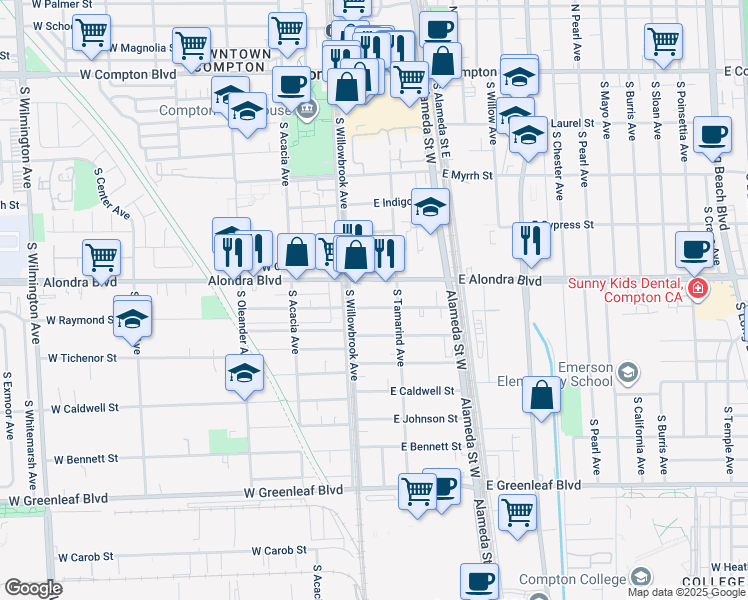 map of restaurants, bars, coffee shops, grocery stores, and more near 121 East Raymond Street in Compton