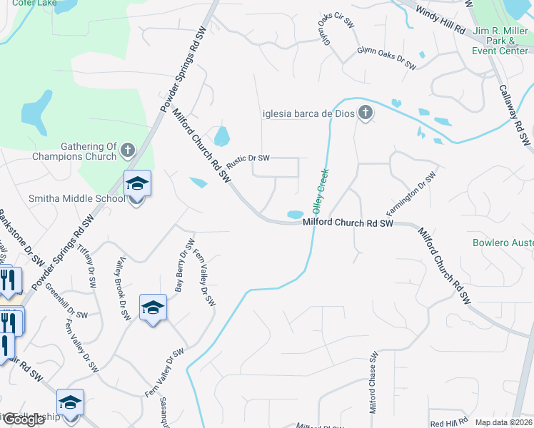 map of restaurants, bars, coffee shops, grocery stores, and more near 1724 Milford Church Road Southwest in Marietta