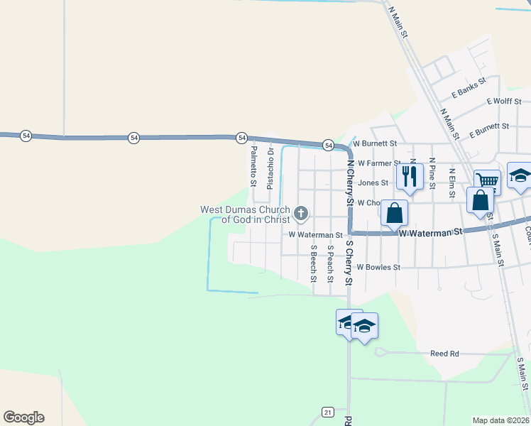 map of restaurants, bars, coffee shops, grocery stores, and more near 204 Pistachio Drive in Dumas