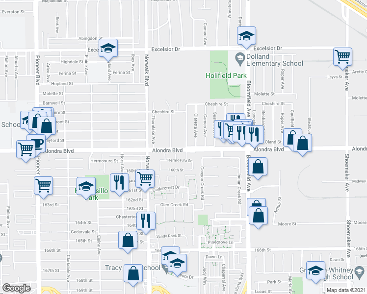 map of restaurants, bars, coffee shops, grocery stores, and more near 15739 Madris Avenue in Norwalk