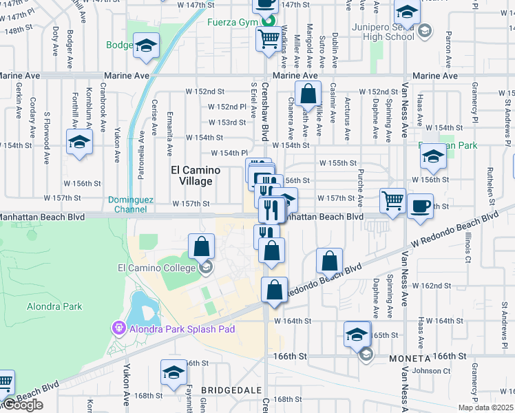 map of restaurants, bars, coffee shops, grocery stores, and more near 15717 Crenshaw Boulevard in Gardena
