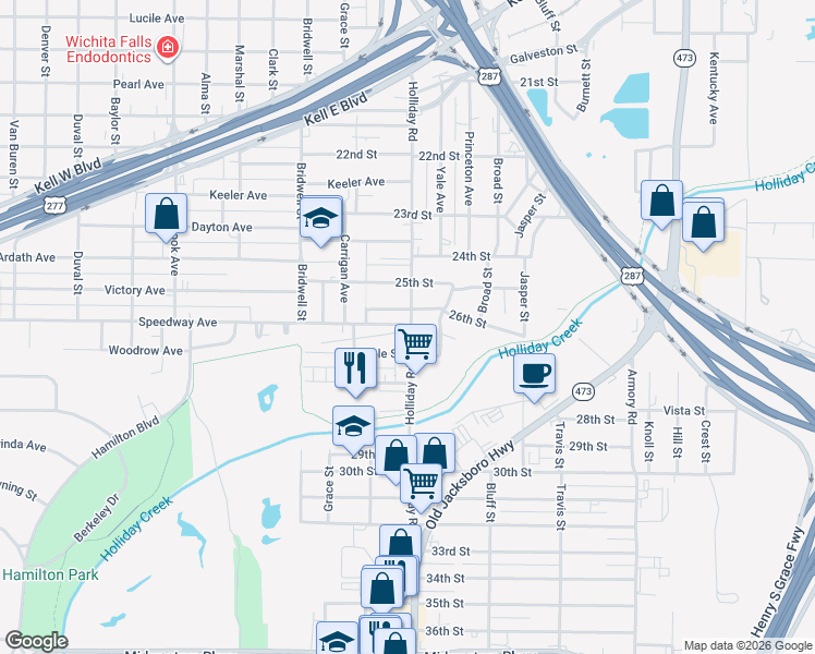 map of restaurants, bars, coffee shops, grocery stores, and more near 2700 Holliday Road in Wichita Falls