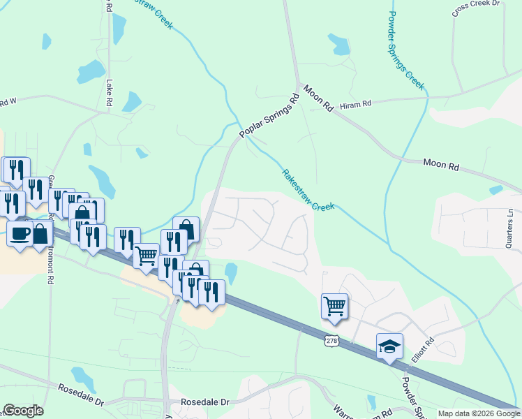 map of restaurants, bars, coffee shops, grocery stores, and more near 60 Horseshoe Court in Hiram