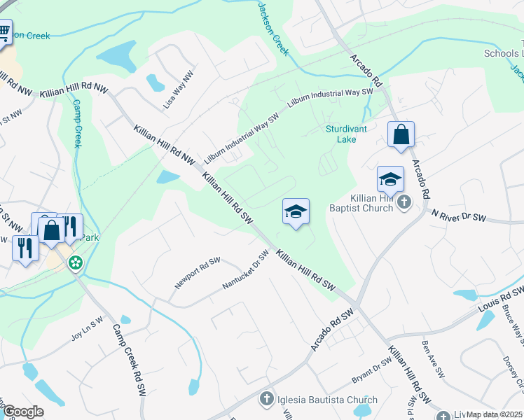 map of restaurants, bars, coffee shops, grocery stores, and more near 70 Killian Hill Road Southwest in Lilburn