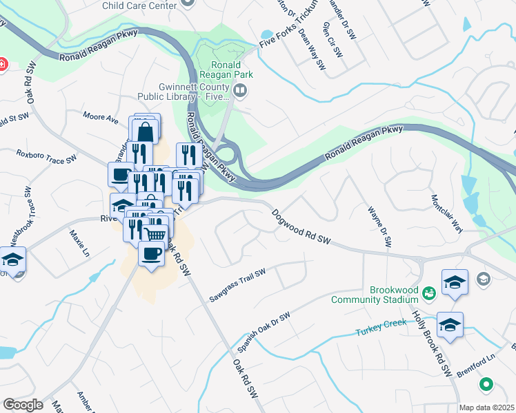 map of restaurants, bars, coffee shops, grocery stores, and more near 2775 Dominion Walk Lane in Snellville