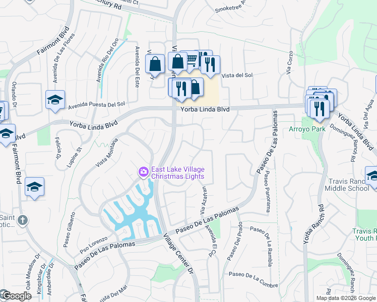 map of restaurants, bars, coffee shops, grocery stores, and more near 20495 Vía Nopales in Yorba Linda