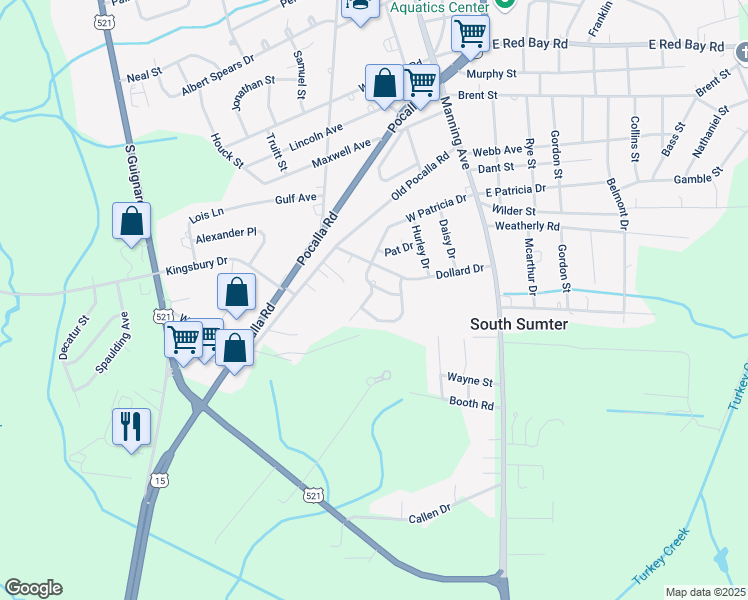 map of restaurants, bars, coffee shops, grocery stores, and more near 126 West Patricia Drive in Sumter