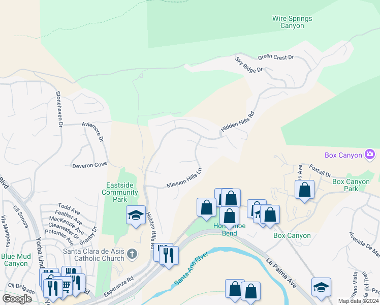 map of restaurants, bars, coffee shops, grocery stores, and more near 22483 Mission Hills Lane in Yorba Linda