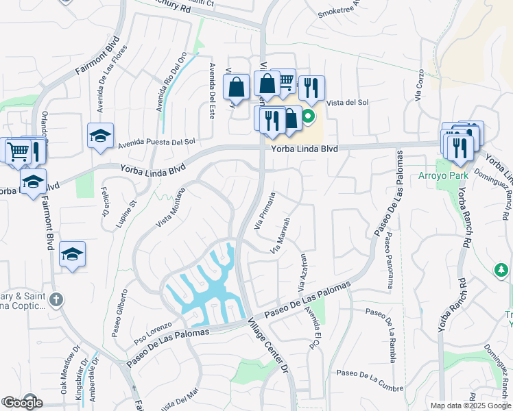 map of restaurants, bars, coffee shops, grocery stores, and more near Village Center Drive in Yorba Linda