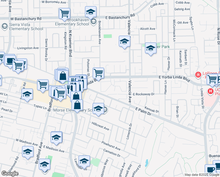 map of restaurants, bars, coffee shops, grocery stores, and more near 1430 Via Cortez in Placentia