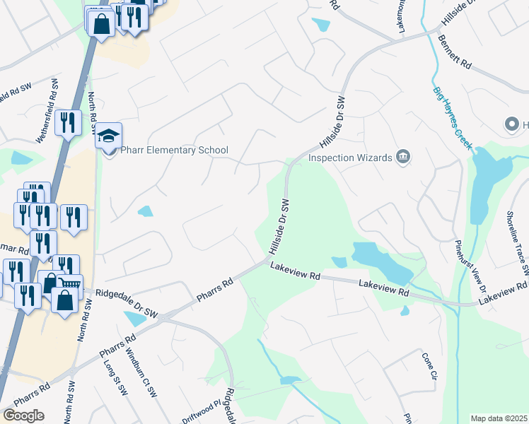 map of restaurants, bars, coffee shops, grocery stores, and more near 1445 Hillside Drive Southwest in Grayson