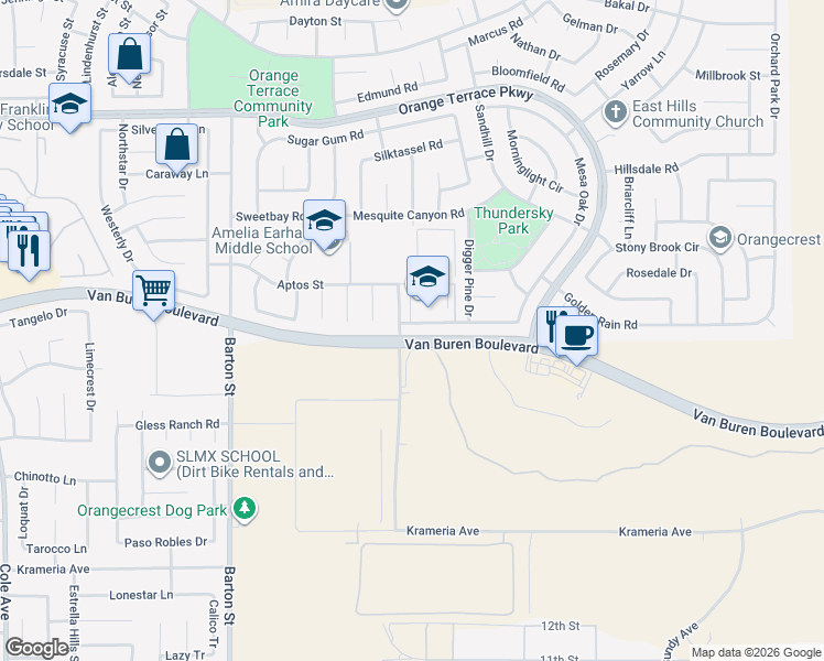 map of restaurants, bars, coffee shops, grocery stores, and more near 8973 Coyote Bush Road in Riverside