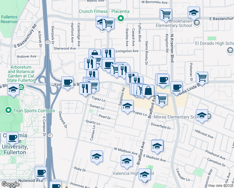 map of restaurants, bars, coffee shops, grocery stores, and more near 3124 Yorba Linda Boulevard in Fullerton
