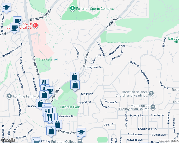 map of restaurants, bars, coffee shops, grocery stores, and more near 505 Shade Tree Lane in Fullerton