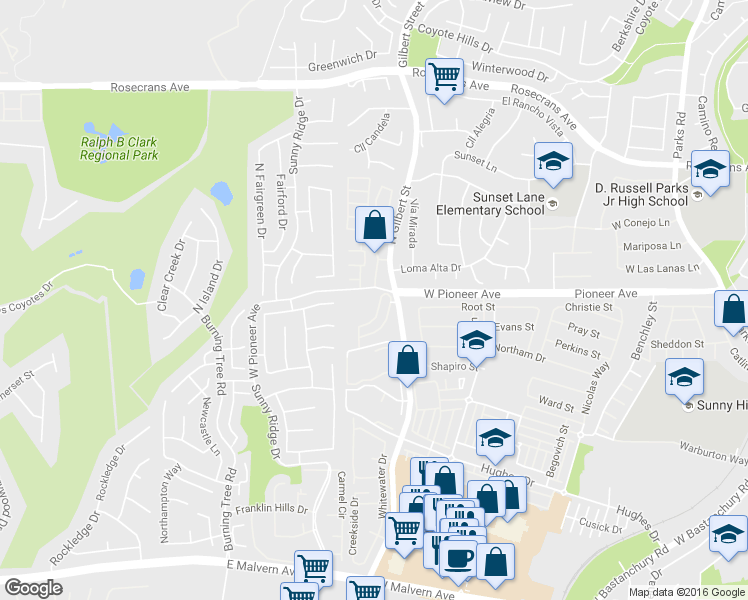 map of restaurants, bars, coffee shops, grocery stores, and more near 2437 Daphne Place in Fullerton