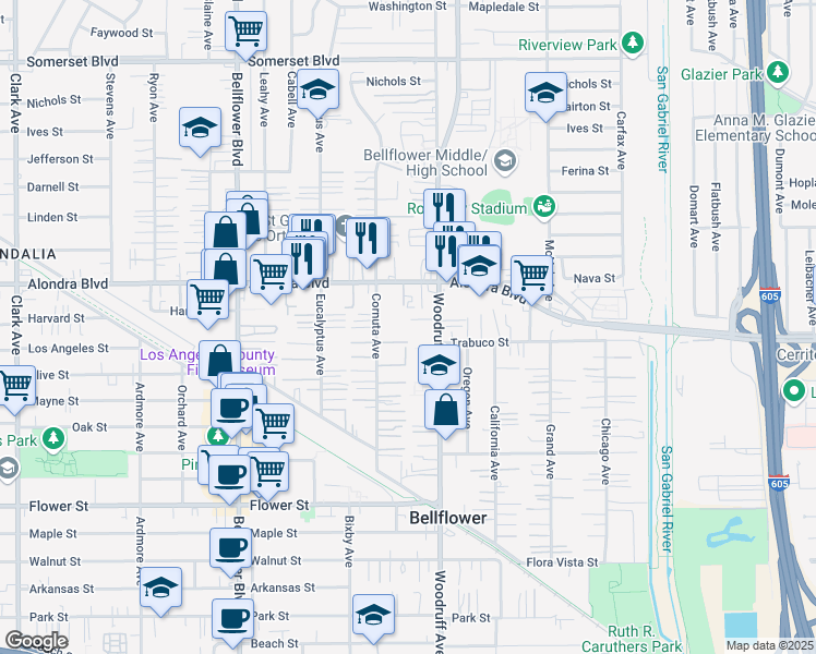 map of restaurants, bars, coffee shops, grocery stores, and more near 16112 3/4 Cornuta Avenue in Bellflower
