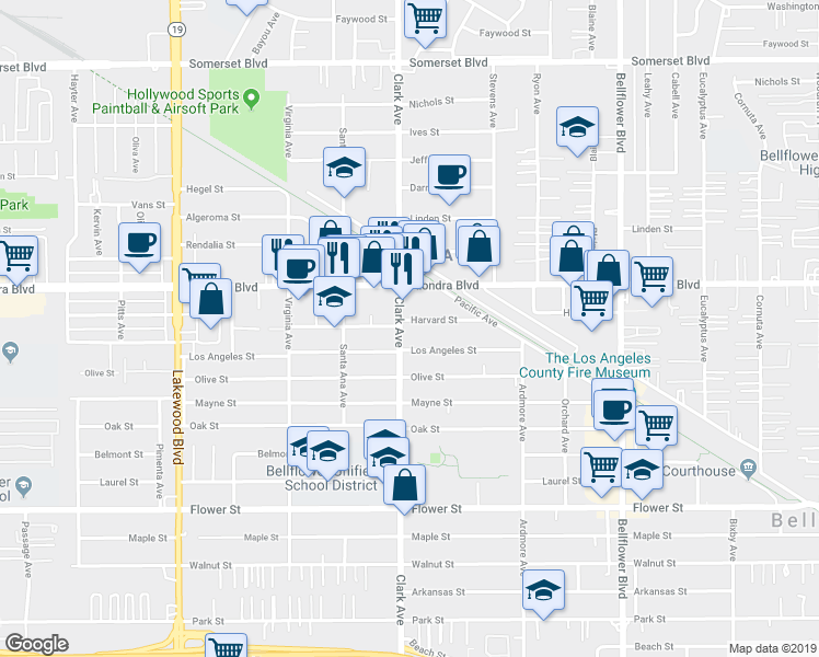 map of restaurants, bars, coffee shops, grocery stores, and more near 9400 Harvard Street in Bellflower