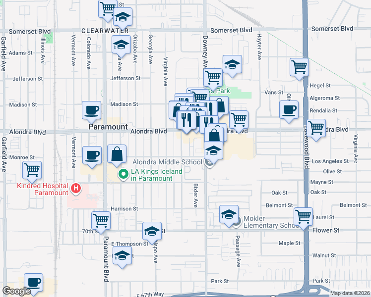 map of restaurants, bars, coffee shops, grocery stores, and more near 15943 Indiana Avenue in Paramount