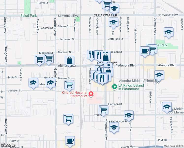 map of restaurants, bars, coffee shops, grocery stores, and more near 15944 Vermont Avenue in Paramount