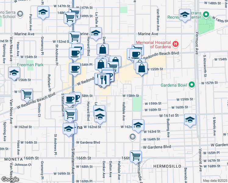 map of restaurants, bars, coffee shops, grocery stores, and more near 52 Merit Park Drive in Gardena